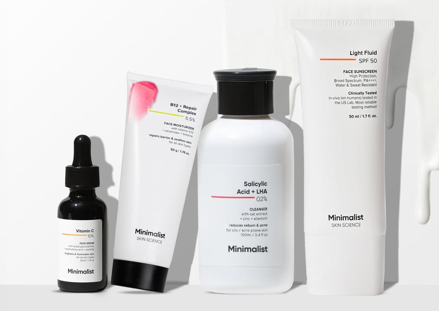Minimalist skincare product range photographed together